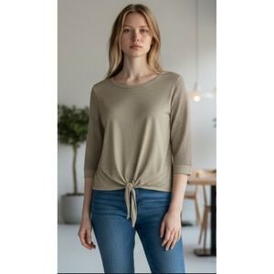 Pina Rossi Gold Metallic Knit Top 3/4 Sleeve Tie Front Cutout Tie Close Luxury